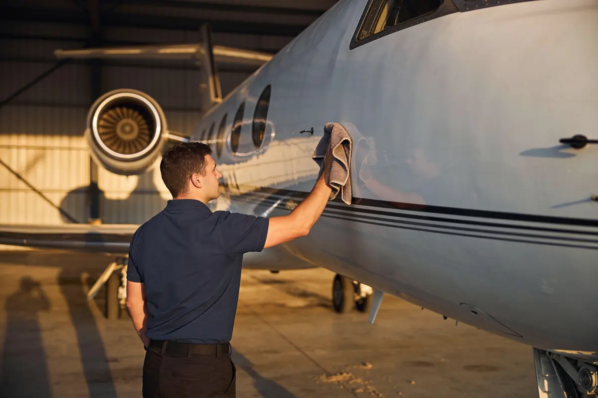 A detailing technician wiping the fuselage of a business jet inside a hangar.